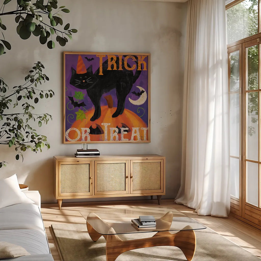 Festive Felines V by Veronique Charron. Shown in a natural wood frame in a cozy modern living room. Available as an archival giclee rolled canvas, fine art paper, or poster print. SKU 54888a.