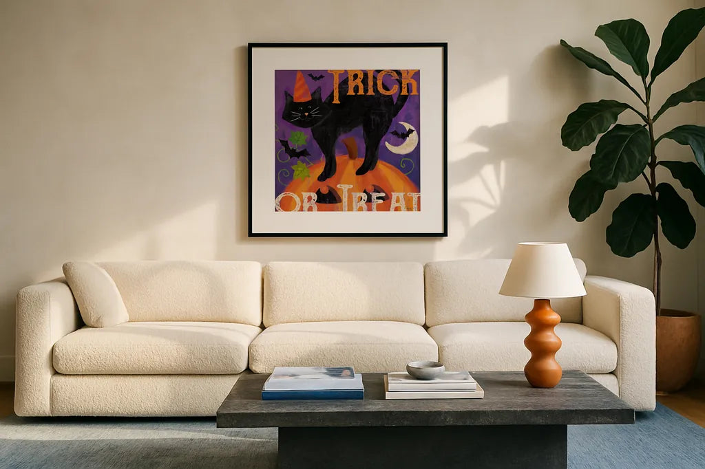 Festive Felines V by Veronique Charron. Displayed in a glass frame with matte in a clean modern living room. Available as an archival giclee rolled canvas, fine art paper, or poster print. SKU 54888a.