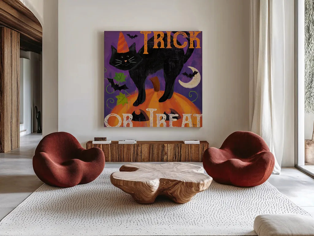Festive Felines V by Veronique Charron. Shown as extra-large giant wall art in a modern living room. Available as an archival giclee rolled canvas, fine art paper, or poster print. SKU 54888a.