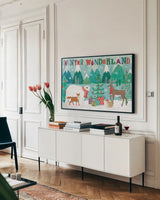 Festive Forest I by Veronique Charron. shown as a framed stretched canvas in a living room above a console. Available as a archival giclee rolled canvas, fine art paper, or poster print. SKU 50180i.
