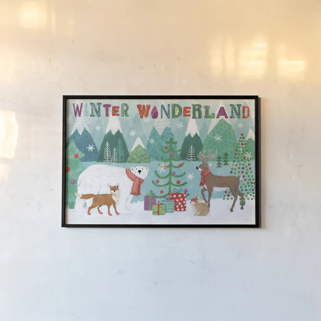 Festive Forest I by Veronique Charron. shown as a paper print in a black flame. Available as a archival giclee rolled canvas, fine art paper, or poster print. SKU 50180i.