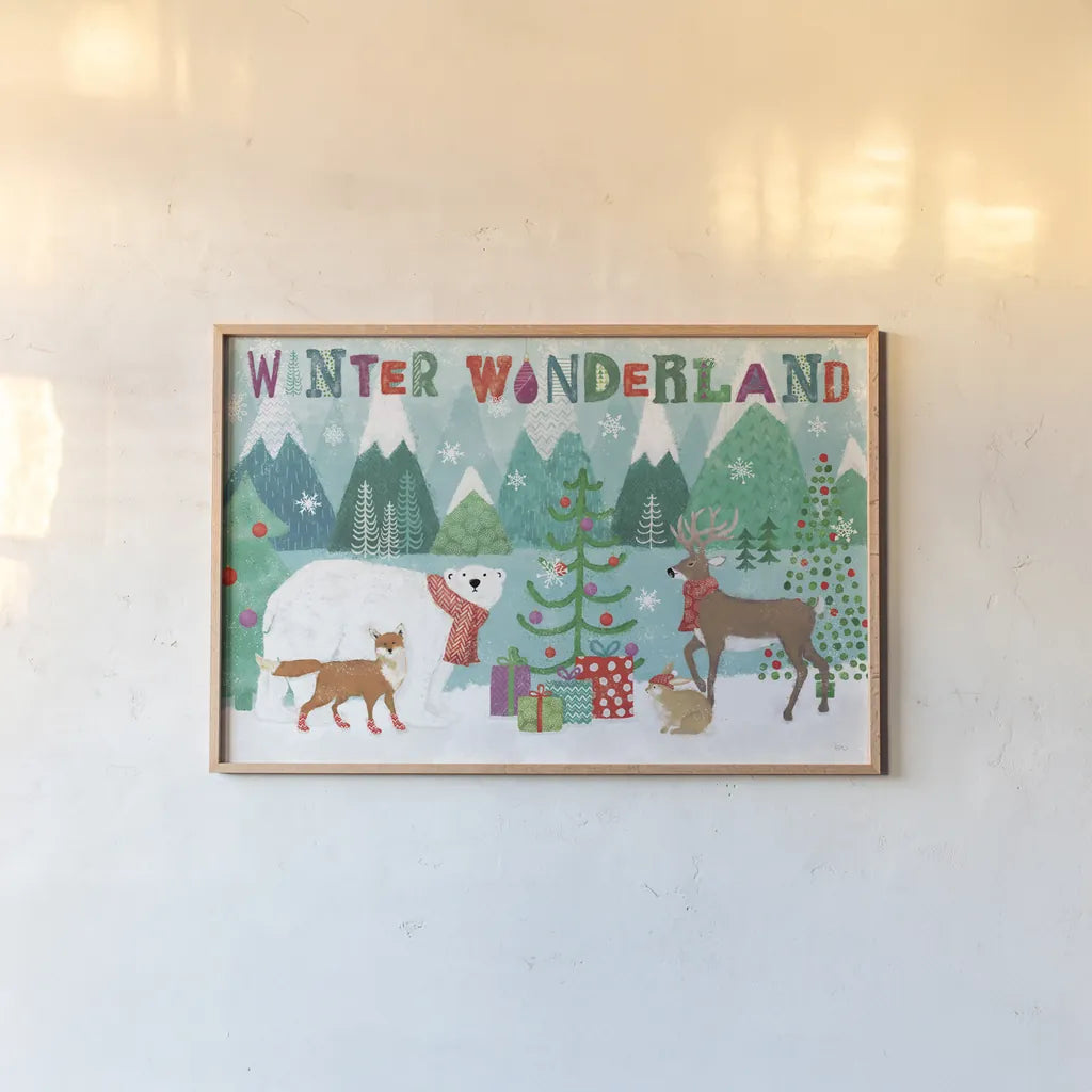 Festive Forest I by Veronique Charron. shown as a paper print in a natural frame. Available as a archival giclee rolled canvas, fine art paper, or poster print. SKU 50180i.