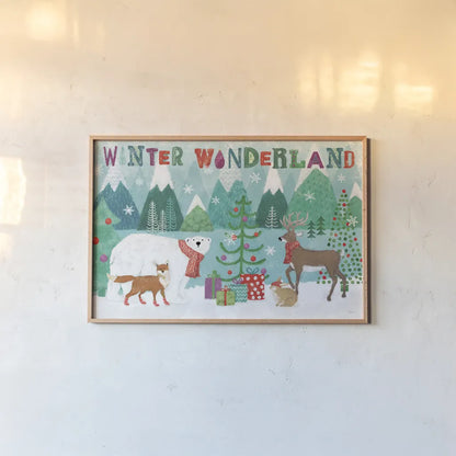 Festive Forest I by Veronique Charron. shown as a paper print in a natural frame. Available as a archival giclee rolled canvas, fine art paper, or poster print. SKU 50180i.