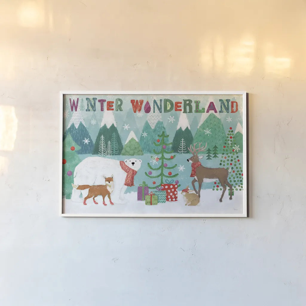 Festive Forest I by Veronique Charron. shown as a paper print in a white frame. Available as a archival giclee rolled canvas, fine art paper, or poster print. SKU 50180i.