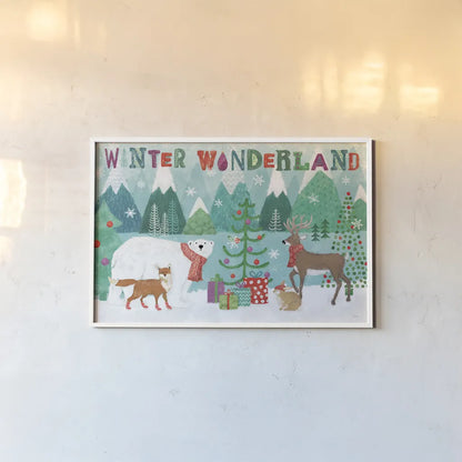 Festive Forest I by Veronique Charron. shown as a paper print in a white frame. Available as a archival giclee rolled canvas, fine art paper, or poster print. SKU 50180i.