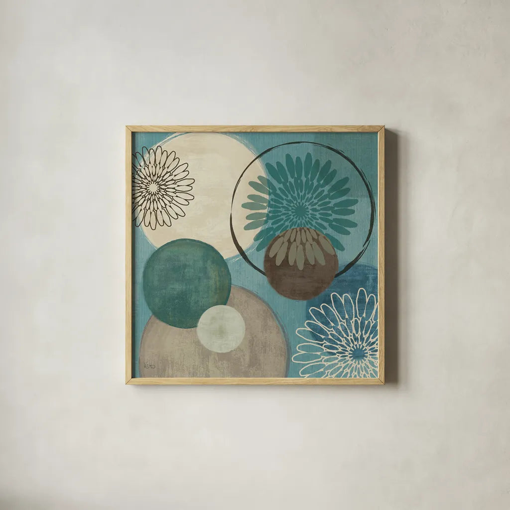 Flora Mood I by Veronique Charron. Shown in a natural wood glass frame for a timeless modern aesthetic. Available as an archival giclee rolled canvas, fine art paper, or poster print. SKU 5854a.