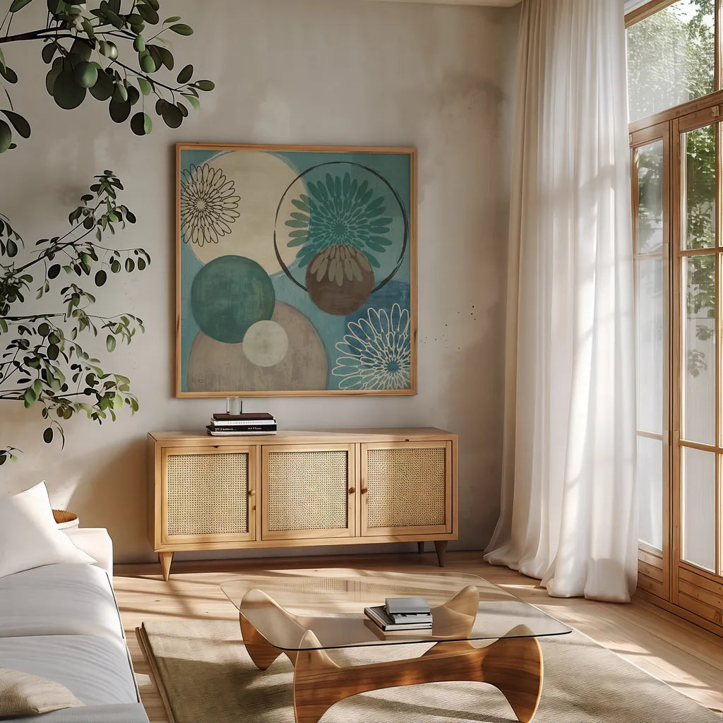 Flora Mood I by Veronique Charron. Shown in a natural wood frame in a cozy modern living room. Available as an archival giclee rolled canvas, fine art paper, or poster print. SKU 5854a.