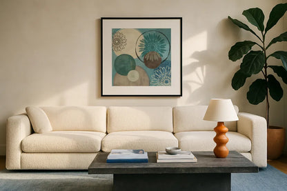 Flora Mood I by Veronique Charron. Displayed in a glass frame with matte in a clean modern living room. Available as an archival giclee rolled canvas, fine art paper, or poster print. SKU 5854a.