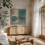 Flora Mood I by Veronique Charron. Shown in a natural wood frame in a cozy modern living room. Available as an archival giclee rolled canvas, fine art paper, or poster print. SKU 6103a.