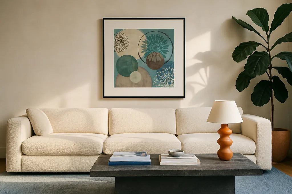 Flora Mood I by Veronique Charron. Displayed in a glass frame with matte in a clean modern living room. Available as an archival giclee rolled canvas, fine art paper, or poster print. SKU 6103a.