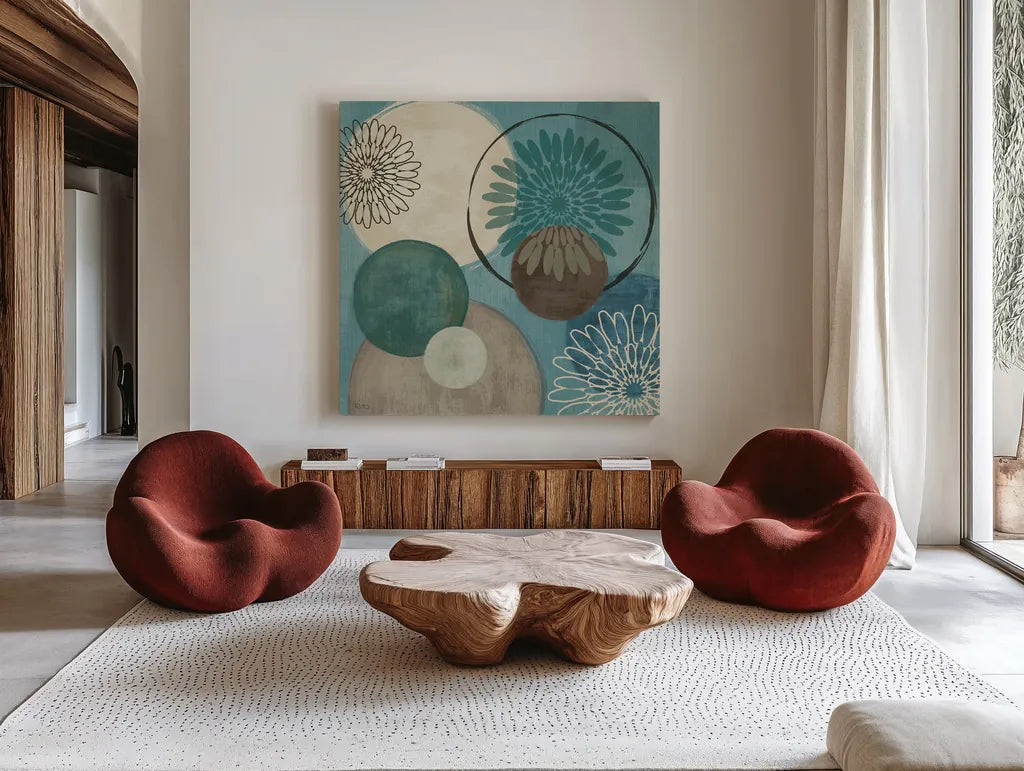 Flora Mood I by Veronique Charron. Shown as extra-large giant wall art in a modern living room. Available as an archival giclee rolled canvas, fine art paper, or poster print. SKU 6103a.