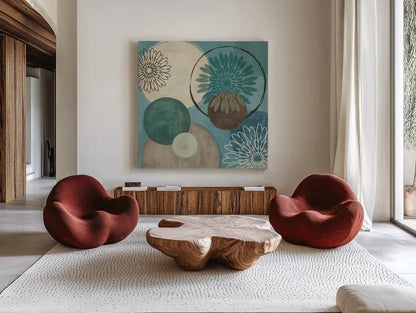 Flora Mood I by Veronique Charron. Shown as extra-large giant wall art in a modern living room. Available as an archival giclee rolled canvas, fine art paper, or poster print. SKU 6103a.