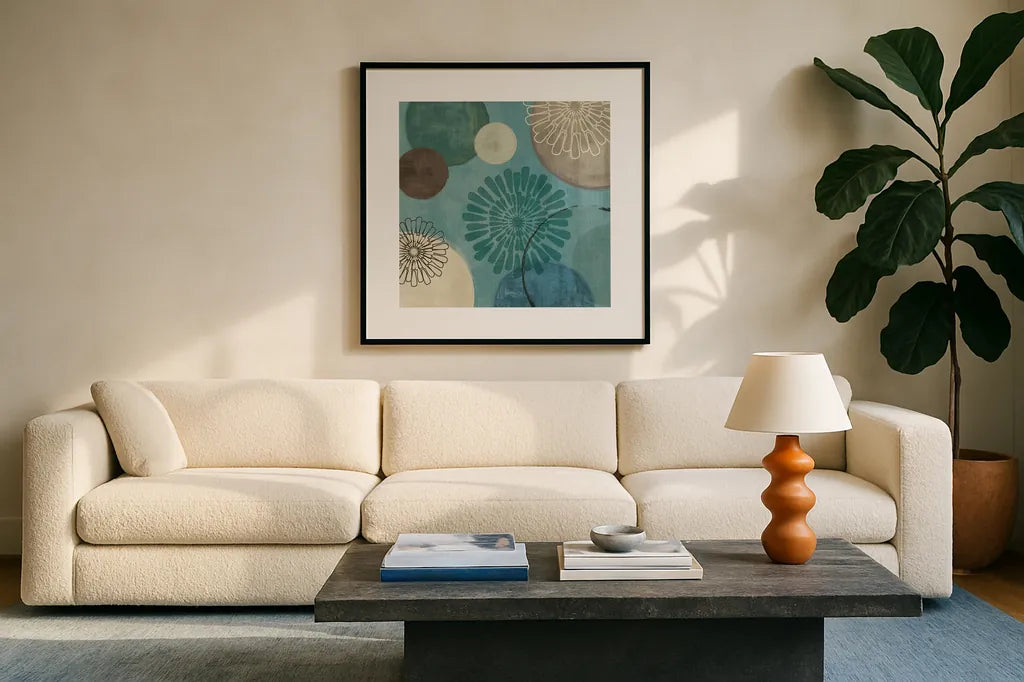 Flora Mood II by Veronique Charron. Displayed in a glass frame with matte in a clean modern living room. Available as an archival giclee rolled canvas, fine art paper, or poster print. SKU 5855a.