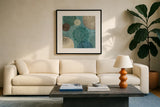 Flora Mood II by Veronique Charron. Displayed in a glass frame with matte in a clean modern living room. Available as an archival giclee rolled canvas, fine art paper, or poster print. SKU 6104a.