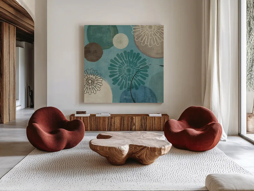 Flora Mood II by Veronique Charron. Shown as extra-large giant wall art in a modern living room. Available as an archival giclee rolled canvas, fine art paper, or poster print. SKU 6104a.