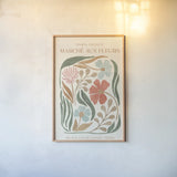 Floral Abstract Poster I by Veronique Charron. shown as a paper print in a natural frame. Available as a archival giclee rolled canvas, fine art paper, or poster print. SKU 86103h.