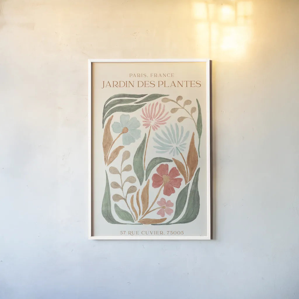 Floral Abstract Poster I by Veronique Charron. shown as a paper print in a white frame. Available as a archival giclee rolled canvas, fine art paper, or poster print. SKU 86104h.