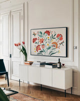 Floral Style I by Veronique Charron. shown as a framed stretched canvas in a living room above a console. Available as a archival giclee rolled canvas, fine art paper, or poster print. SKU 82038i.