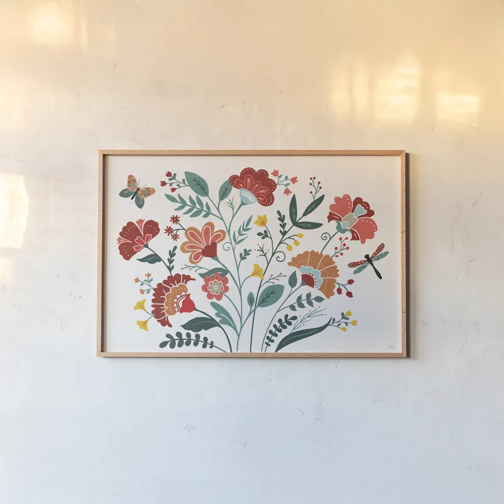 Floral Style I by Veronique Charron. shown as a paper print in a natural frame. Available as a archival giclee rolled canvas, fine art paper, or poster print. SKU 82038i.