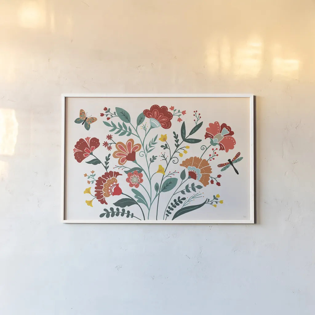 Floral Style I by Veronique Charron. shown as a paper print in a white frame. Available as a archival giclee rolled canvas, fine art paper, or poster print. SKU 82038i.