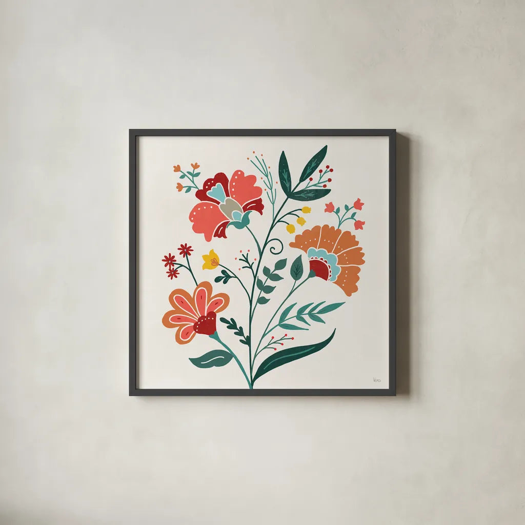 Floral Style II by Veronique Charron. Shown in a sleek black glass frame for a contemporary gallery look. Available as an archival giclee rolled canvas, fine art paper, or poster print. SKU 82039a.