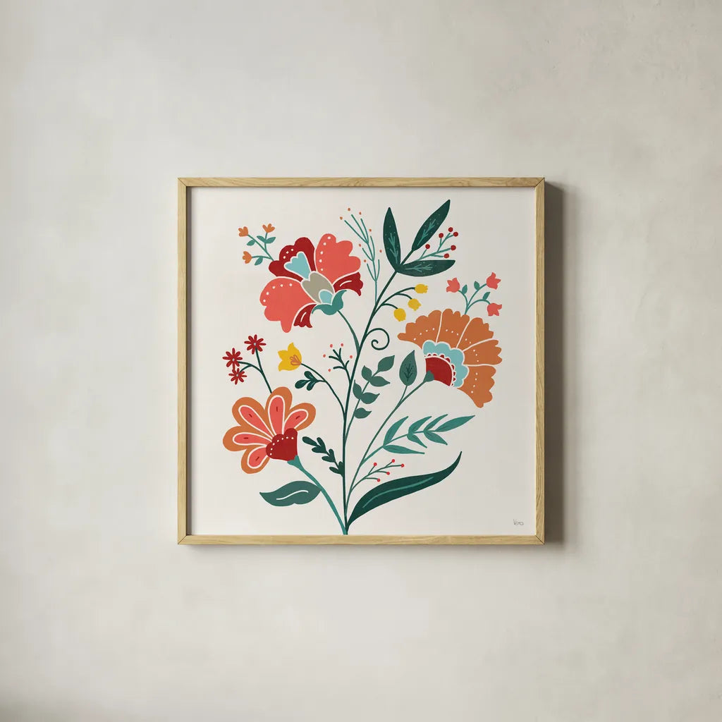 Floral Style II by Veronique Charron. Shown in a natural wood glass frame for a timeless modern aesthetic. Available as an archival giclee rolled canvas, fine art paper, or poster print. SKU 82039a.