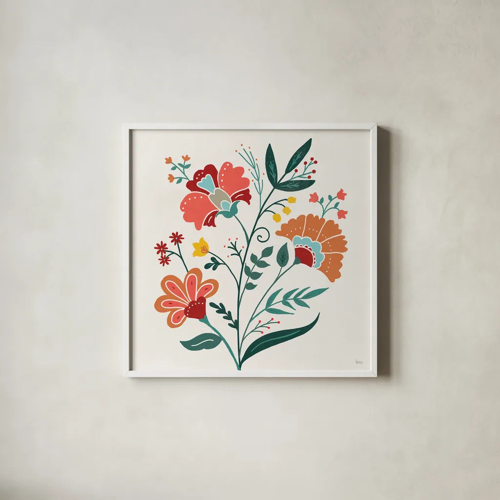 Floral Style II by Veronique Charron. Shown in a crisp white glass frame for a clean and minimalist style. Available as an archival giclee rolled canvas, fine art paper, or poster print. SKU 82039a.