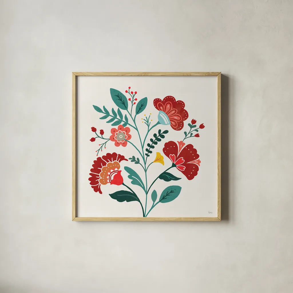 Floral Style III by Veronique Charron. Shown in a natural wood glass frame for a timeless modern aesthetic. Available as an archival giclee rolled canvas, fine art paper, or poster print. SKU 82040a.