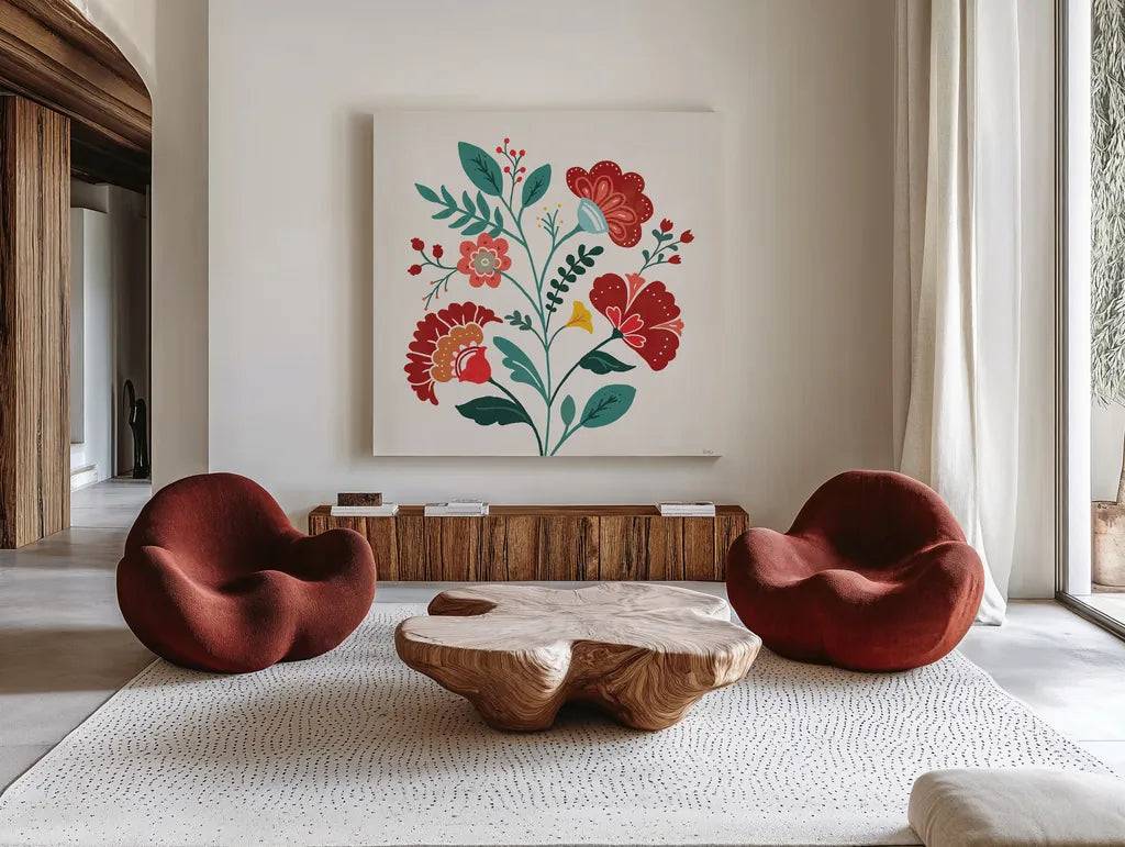 Floral Style III by Veronique Charron. Shown as extra-large giant wall art in a modern living room. Available as an archival giclee rolled canvas, fine art paper, or poster print. SKU 82040a.