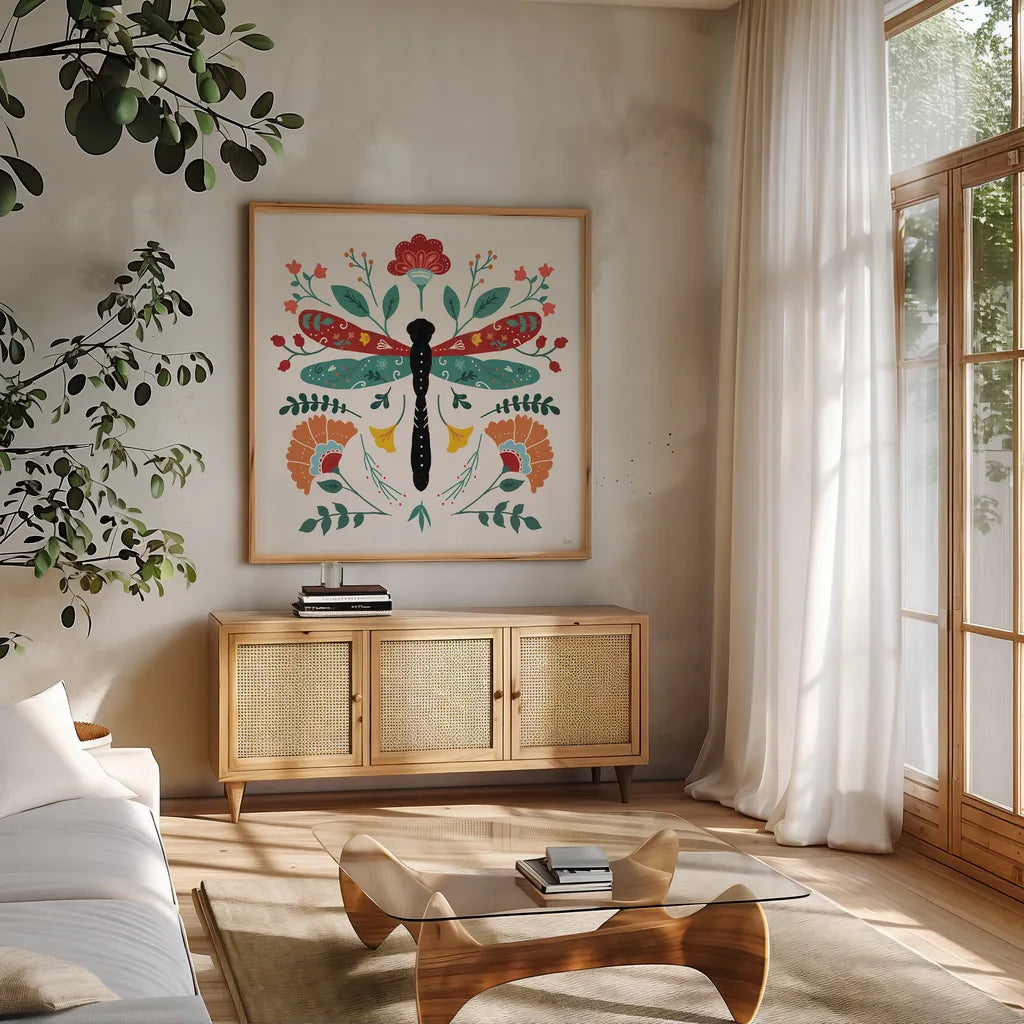 Floral Style IV by Veronique Charron. Shown in a natural wood frame in a cozy modern living room. Available as an archival giclee rolled canvas, fine art paper, or poster print. SKU 82041a.