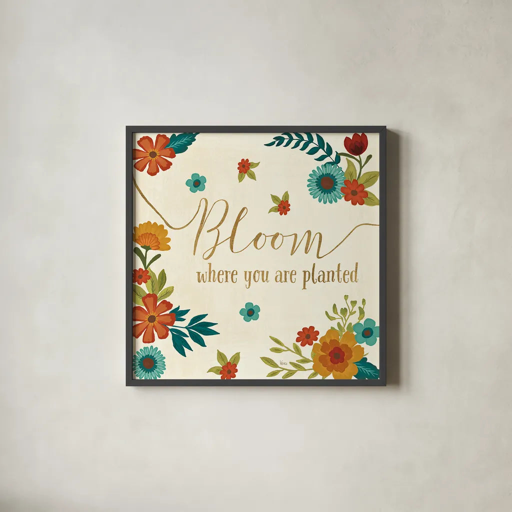 Flourish I by Veronique Charron. Shown in a sleek black glass frame for a contemporary gallery look. Available as an archival giclee rolled canvas, fine art paper, or poster print. SKU 33559a.