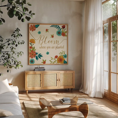 Flourish I by Veronique Charron. Shown in a natural wood frame in a cozy modern living room. Available as an archival giclee rolled canvas, fine art paper, or poster print. SKU 33559a.