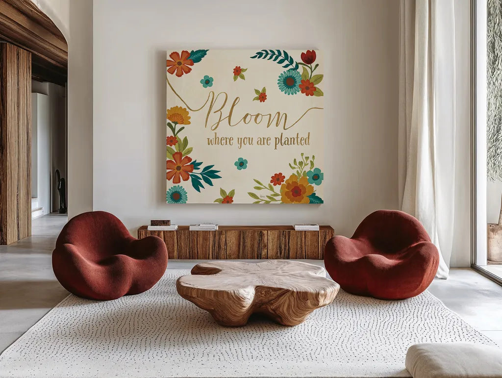 Flourish I by Veronique Charron. Shown as extra-large giant wall art in a modern living room. Available as an archival giclee rolled canvas, fine art paper, or poster print. SKU 33559a.