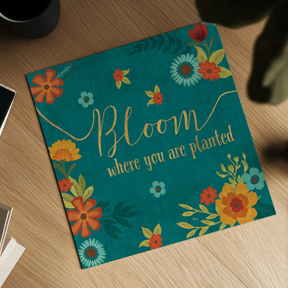 Flourish I Teal by Veronique Charron. Shown as a detailed flat fine art print, highlighting archival giclee quality. Available as an archival giclee rolled canvas, fine art paper, or poster print. SKU 33565a.