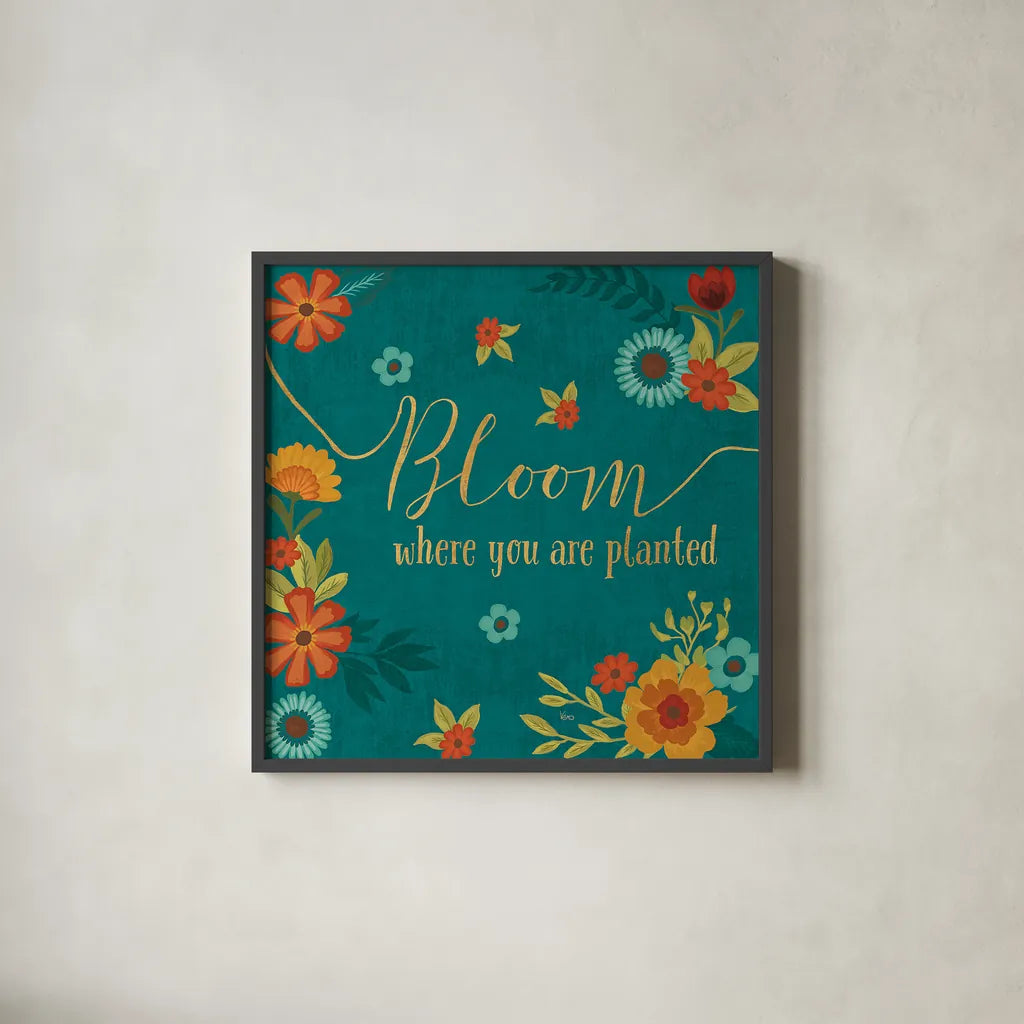 Flourish I Teal by Veronique Charron. Shown in a sleek black glass frame for a contemporary gallery look. Available as an archival giclee rolled canvas, fine art paper, or poster print. SKU 33565a.