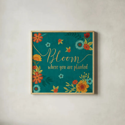 Flourish I Teal by Veronique Charron. Shown in a natural wood glass frame for a timeless modern aesthetic. Available as an archival giclee rolled canvas, fine art paper, or poster print. SKU 33565a.