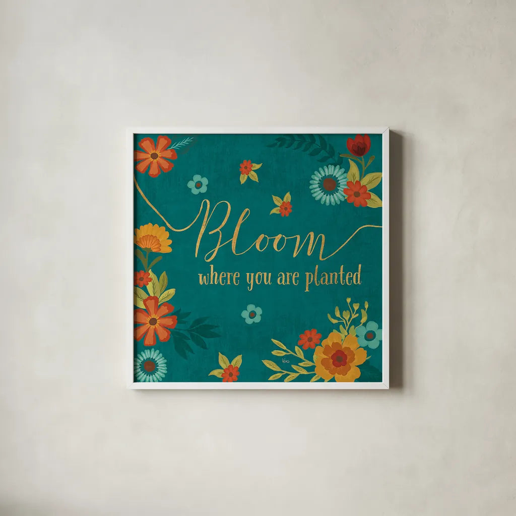 Flourish I Teal by Veronique Charron. Shown in a crisp white glass frame for a clean and minimalist style. Available as an archival giclee rolled canvas, fine art paper, or poster print. SKU 33565a.