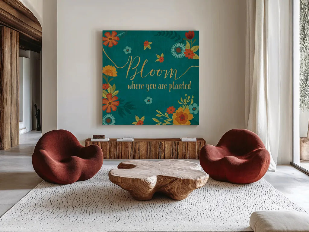 Flourish I Teal by Veronique Charron. Shown as extra-large giant wall art in a modern living room. Available as an archival giclee rolled canvas, fine art paper, or poster print. SKU 33565a.