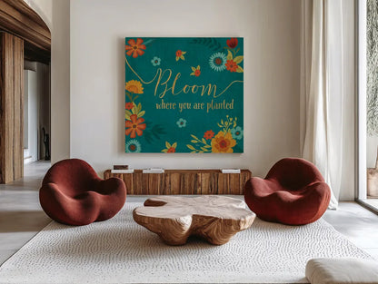 Flourish I Teal by Veronique Charron. Shown as extra-large giant wall art in a modern living room. Available as an archival giclee rolled canvas, fine art paper, or poster print. SKU 33565a.