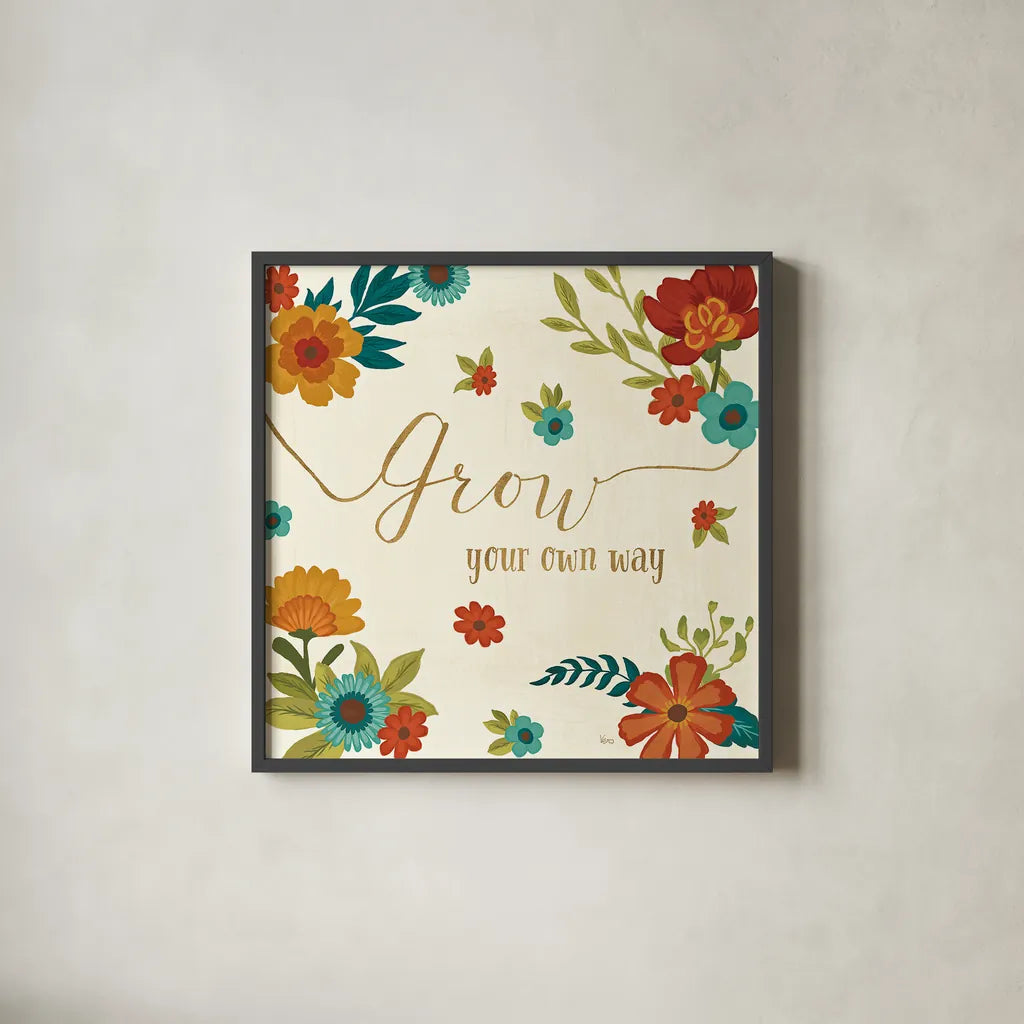 Flourish II by Veronique Charron. Shown in a sleek black glass frame for a contemporary gallery look. Available as an archival giclee rolled canvas, fine art paper, or poster print. SKU 33560a.