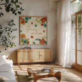 Flourish II by Veronique Charron. Shown in a natural wood frame in a cozy modern living room. Available as an archival giclee rolled canvas, fine art paper, or poster print. SKU 33560a.