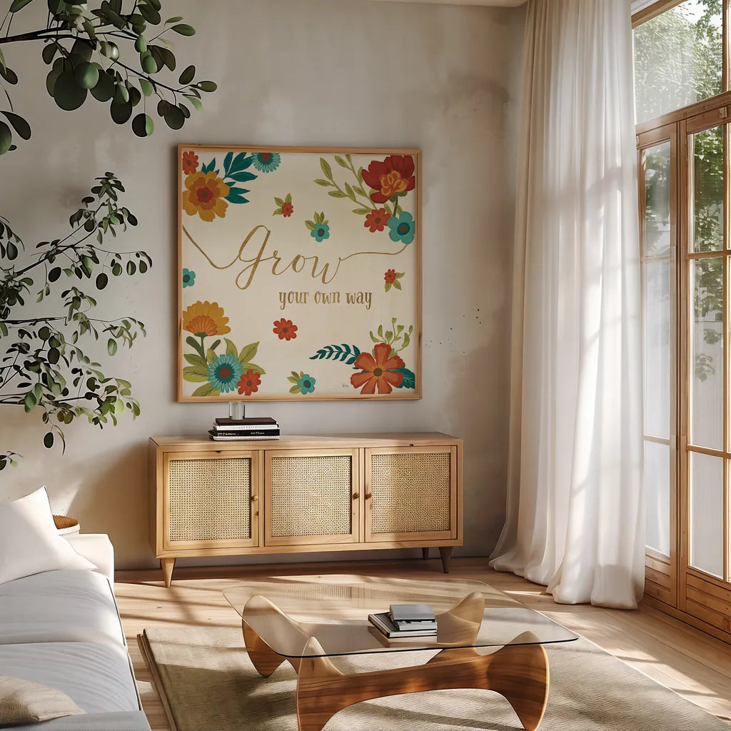 Flourish II by Veronique Charron. Shown in a natural wood frame in a cozy modern living room. Available as an archival giclee rolled canvas, fine art paper, or poster print. SKU 33560a.