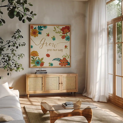 Flourish II by Veronique Charron. Shown in a natural wood frame in a cozy modern living room. Available as an archival giclee rolled canvas, fine art paper, or poster print. SKU 33560a.