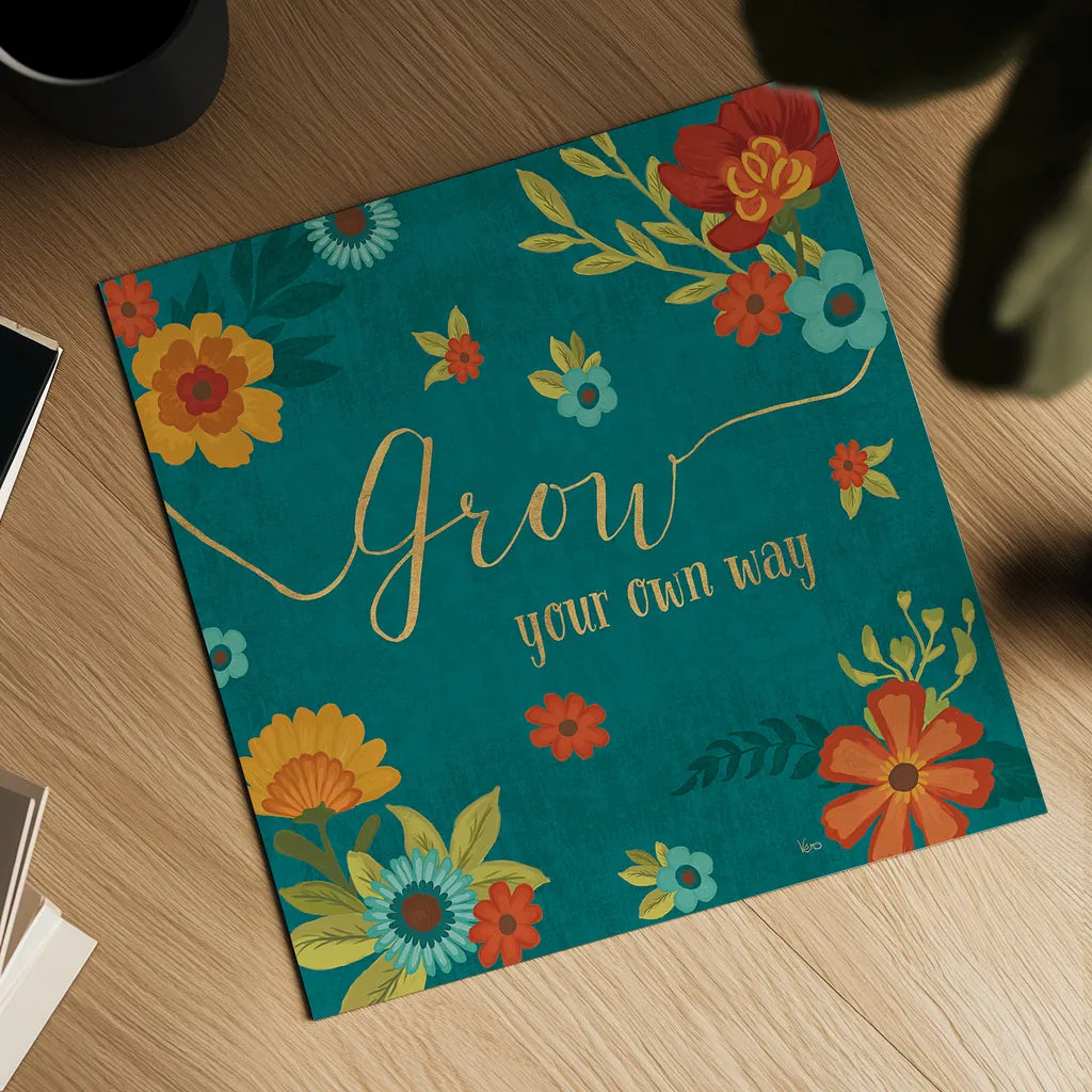 Flourish II Teal by Veronique Charron. Shown as a detailed flat fine art print, highlighting archival giclee quality. Available as an archival giclee rolled canvas, fine art paper, or poster print. SKU 33566a.