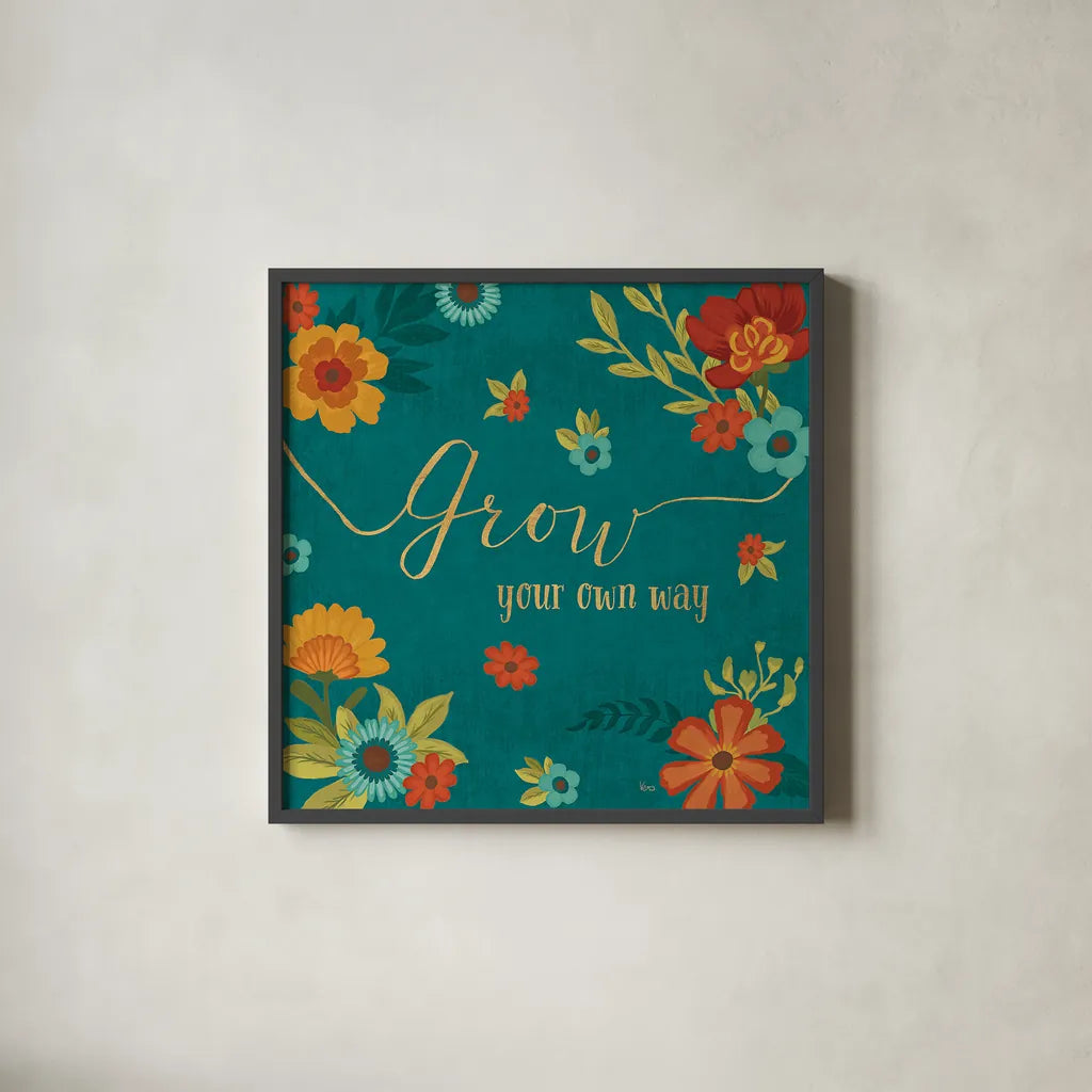 Flourish II Teal by Veronique Charron. Shown in a sleek black glass frame for a contemporary gallery look. Available as an archival giclee rolled canvas, fine art paper, or poster print. SKU 33566a.