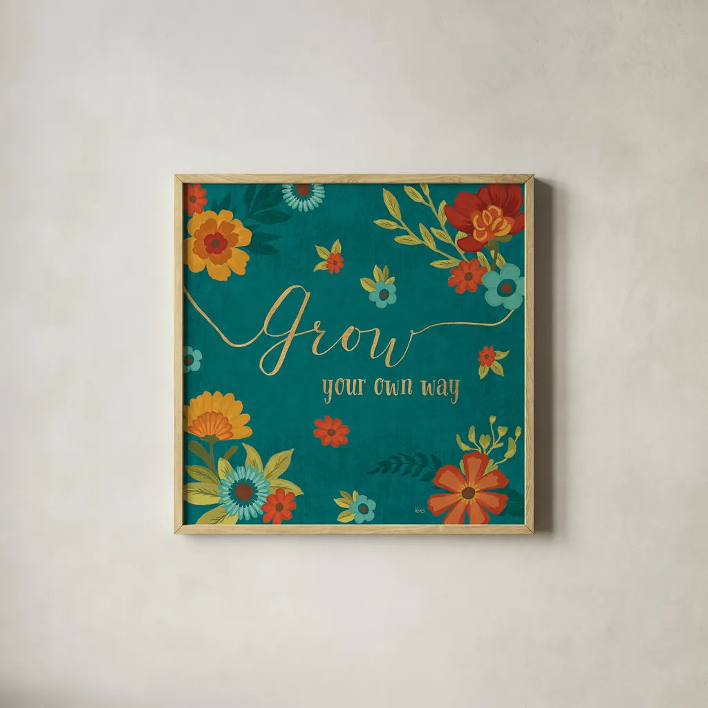 Flourish II Teal by Veronique Charron. Shown in a natural wood glass frame for a timeless modern aesthetic. Available as an archival giclee rolled canvas, fine art paper, or poster print. SKU 33566a.