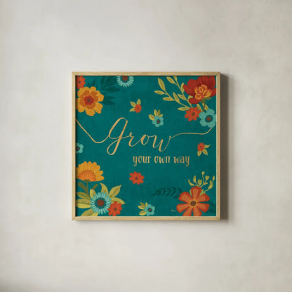 Flourish II Teal by Veronique Charron. Shown in a natural wood glass frame for a timeless modern aesthetic. Available as an archival giclee rolled canvas, fine art paper, or poster print. SKU 33566a.