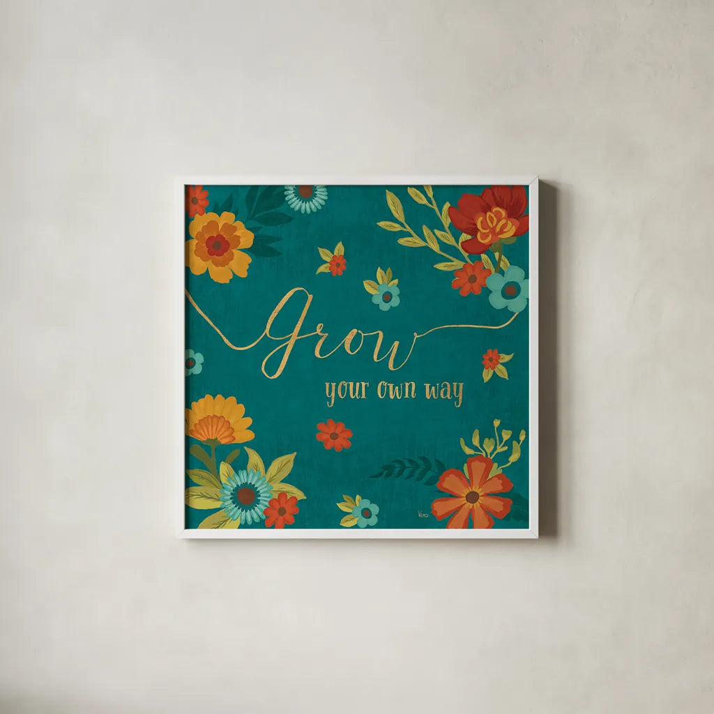 Flourish II Teal by Veronique Charron. Shown in a crisp white glass frame for a clean and minimalist style. Available as an archival giclee rolled canvas, fine art paper, or poster print. SKU 33566a.