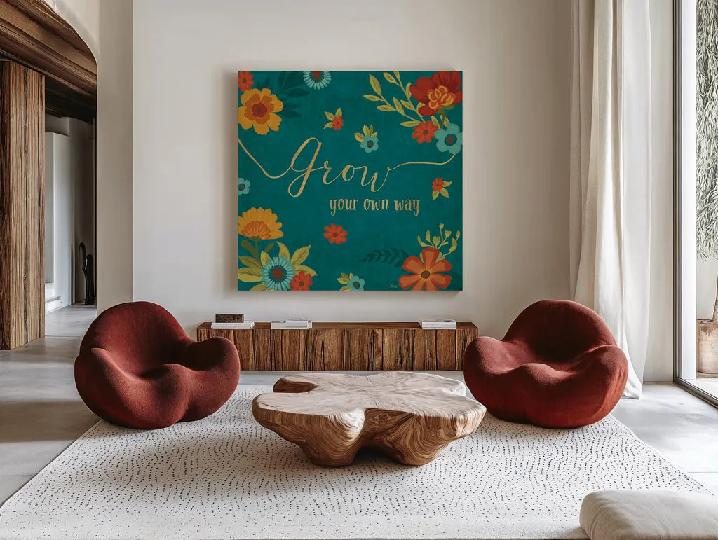 Flourish II Teal by Veronique Charron. Shown as extra-large giant wall art in a modern living room. Available as an archival giclee rolled canvas, fine art paper, or poster print. SKU 33566a.