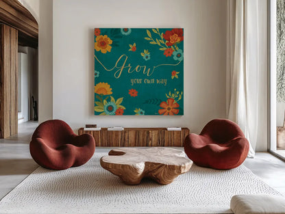 Flourish II Teal by Veronique Charron. Shown as extra-large giant wall art in a modern living room. Available as an archival giclee rolled canvas, fine art paper, or poster print. SKU 33566a.
